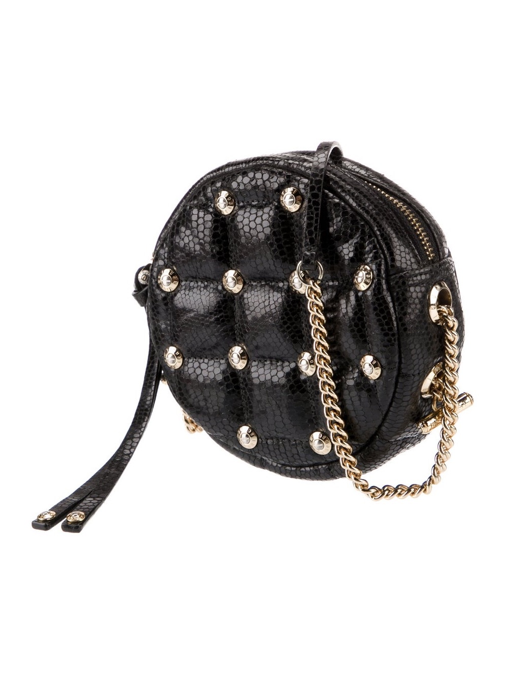 Henri Bendel- Black Quilted Round Crossbody With Gold Chain & Studs